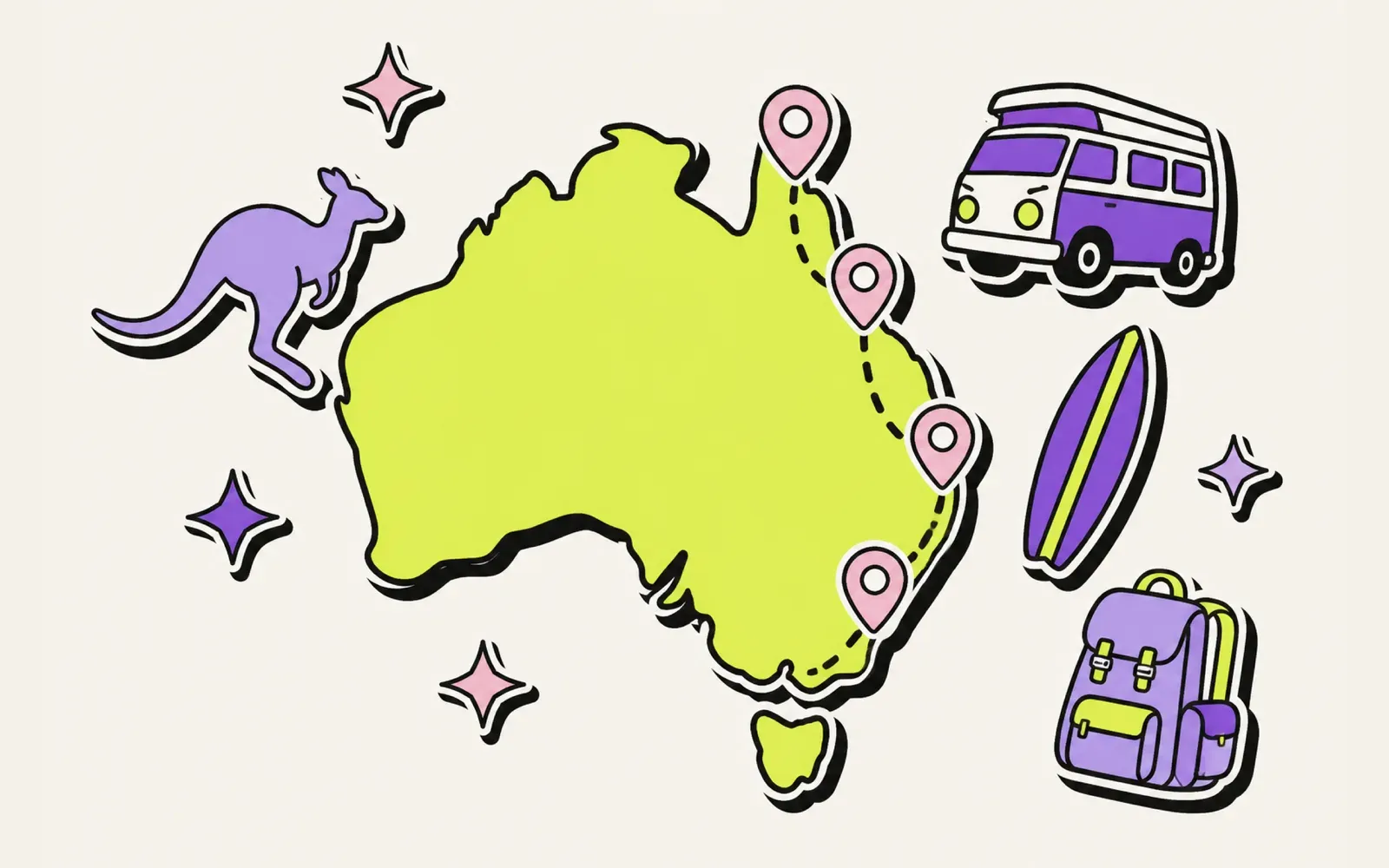 Illustrierte Karte der Backpacking-Route entlang der australischen Ostküste mit Campervan, Surfbrett, Rucksack und Känguru