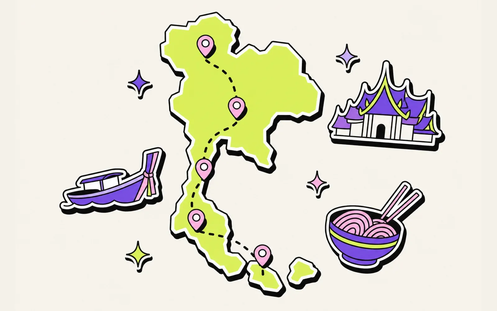 Illustrierte Karte der Thailand-Backpacking-Route von Chiang Mai über Bangkok zu den Inseln mit Longtail-Boot, Tempel und Nudel-Bowl