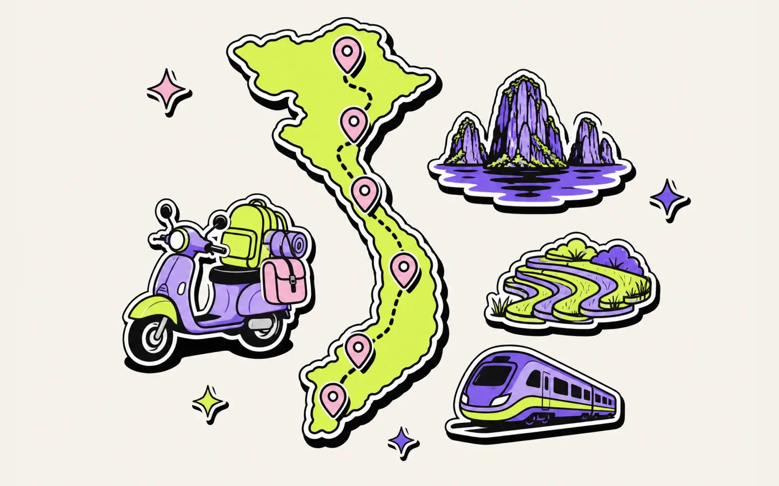 Illustrierte Karte der Vietnam-Route von Süd nach Nord mit Motorroller, Halong-Bucht, Reisterrassen und Zug