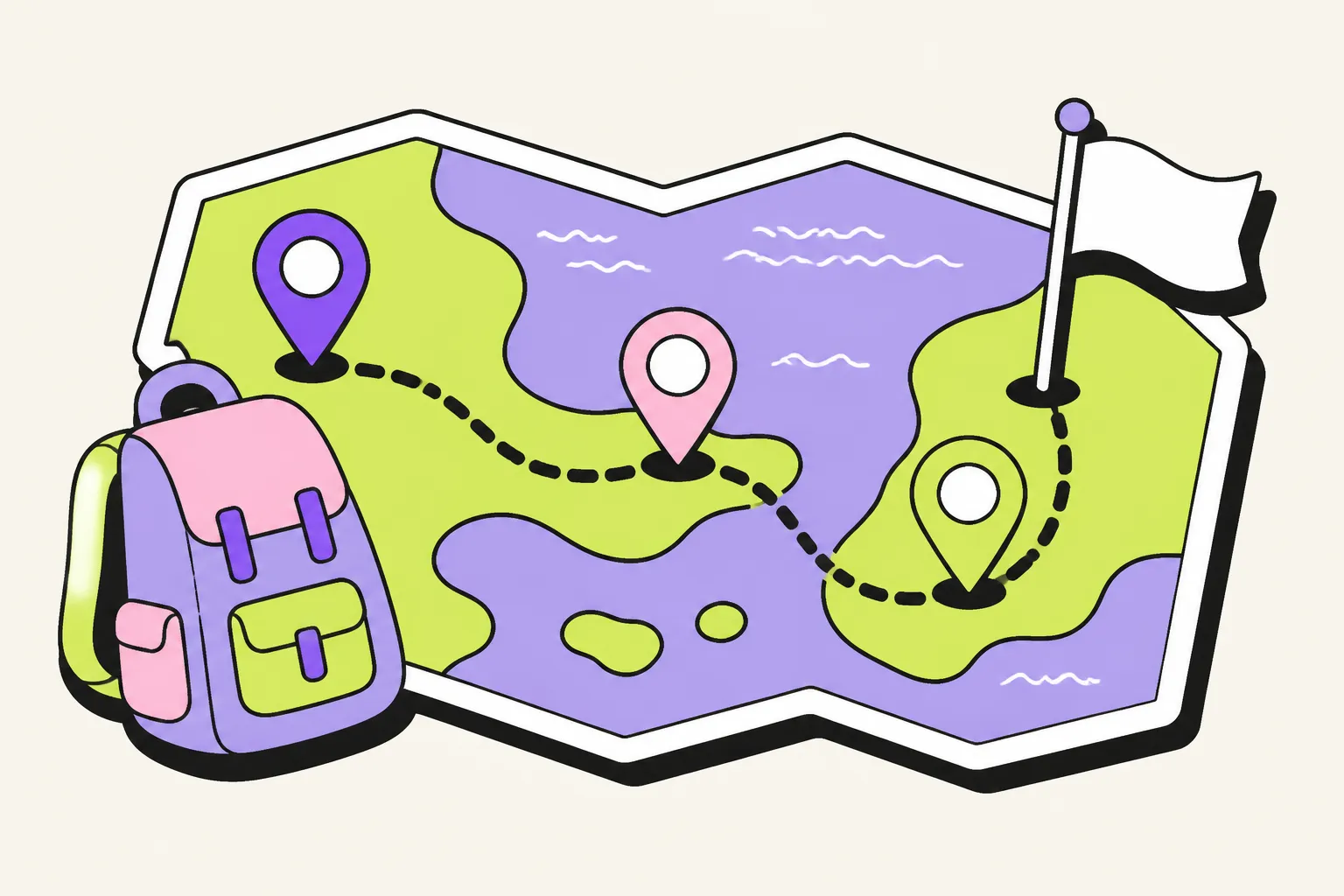 Illustration: Route mit Kartenpins über Wasser und Land, vom Backpack bis zur Zielflagge