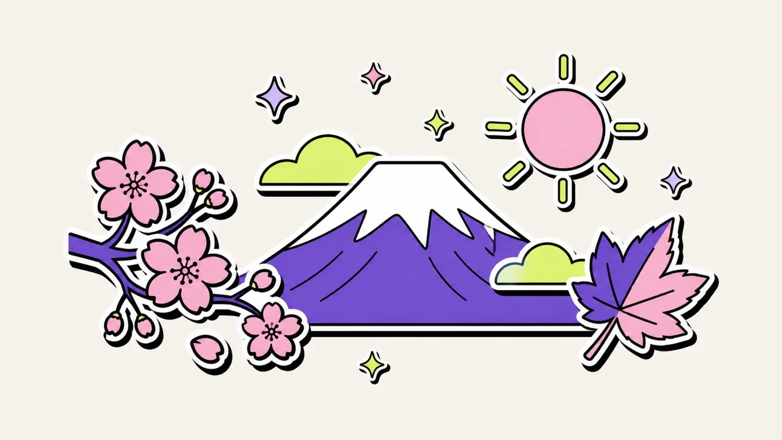 Beste Reisezeit Japan: Illustration mit Kirschblüte, Mount Fuji, Herbstblatt und Sonne