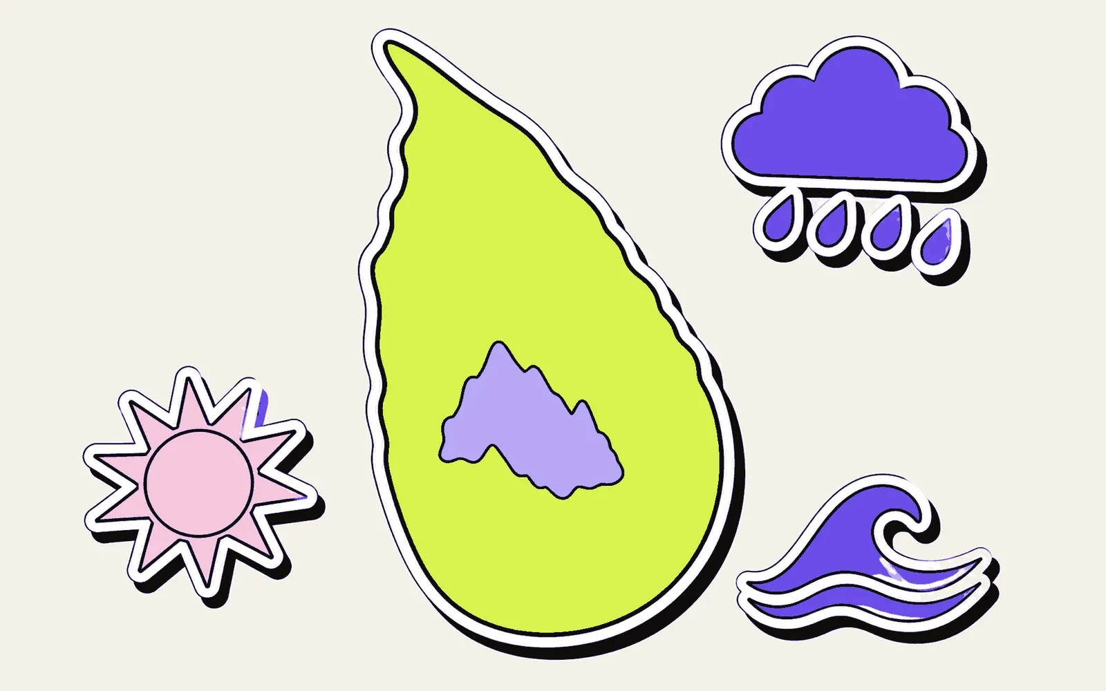 Beste Reisezeit Sri Lanka: Illustration der Insel mit sonniger Südwestküste, ruhiger Ostküste, Regenwolke und zentralem Hochland