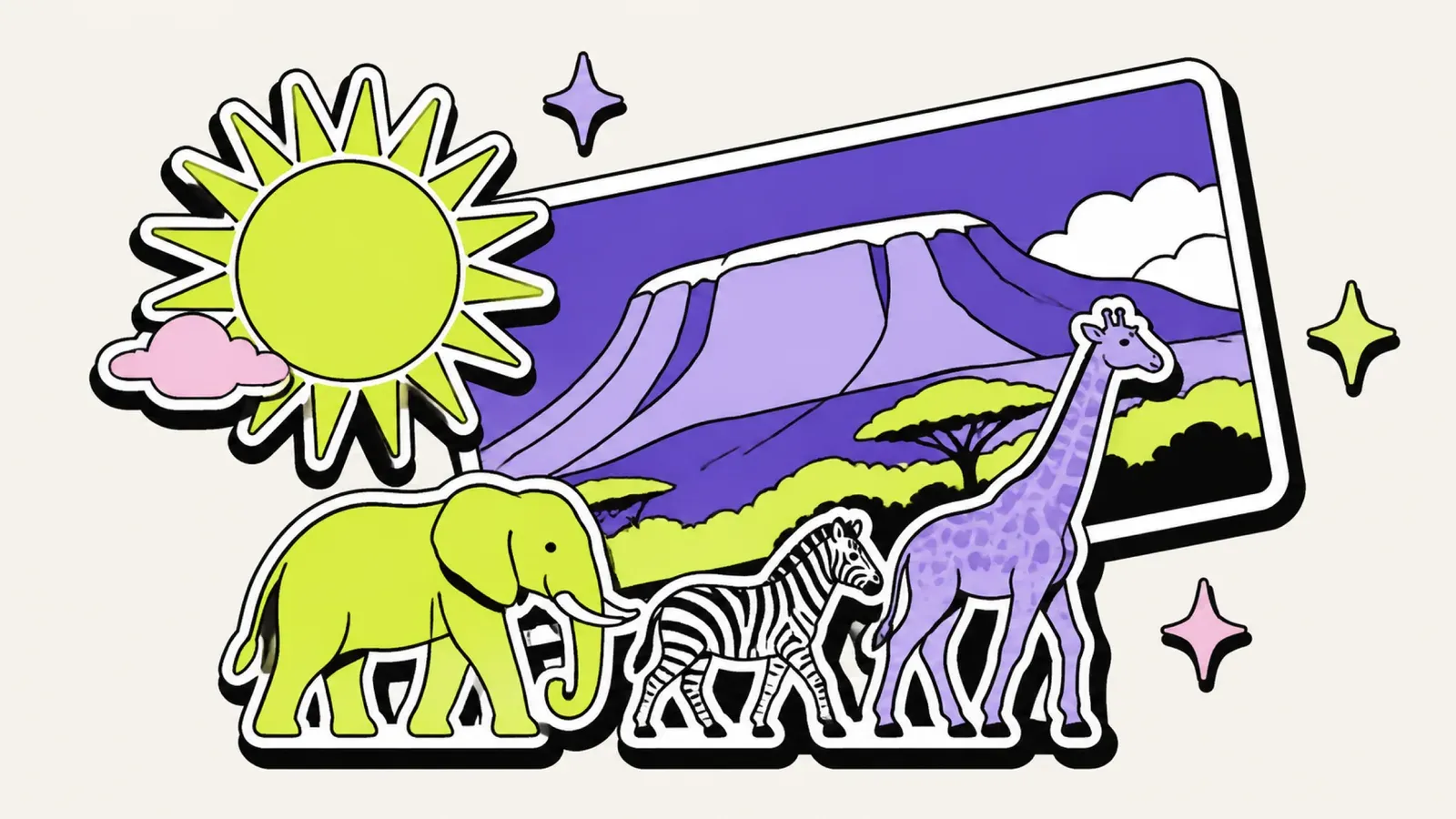 Beste Reisezeit Südafrika: Illustration mit Tafelberg, Safari-Silhouette, Sonne und Wolke