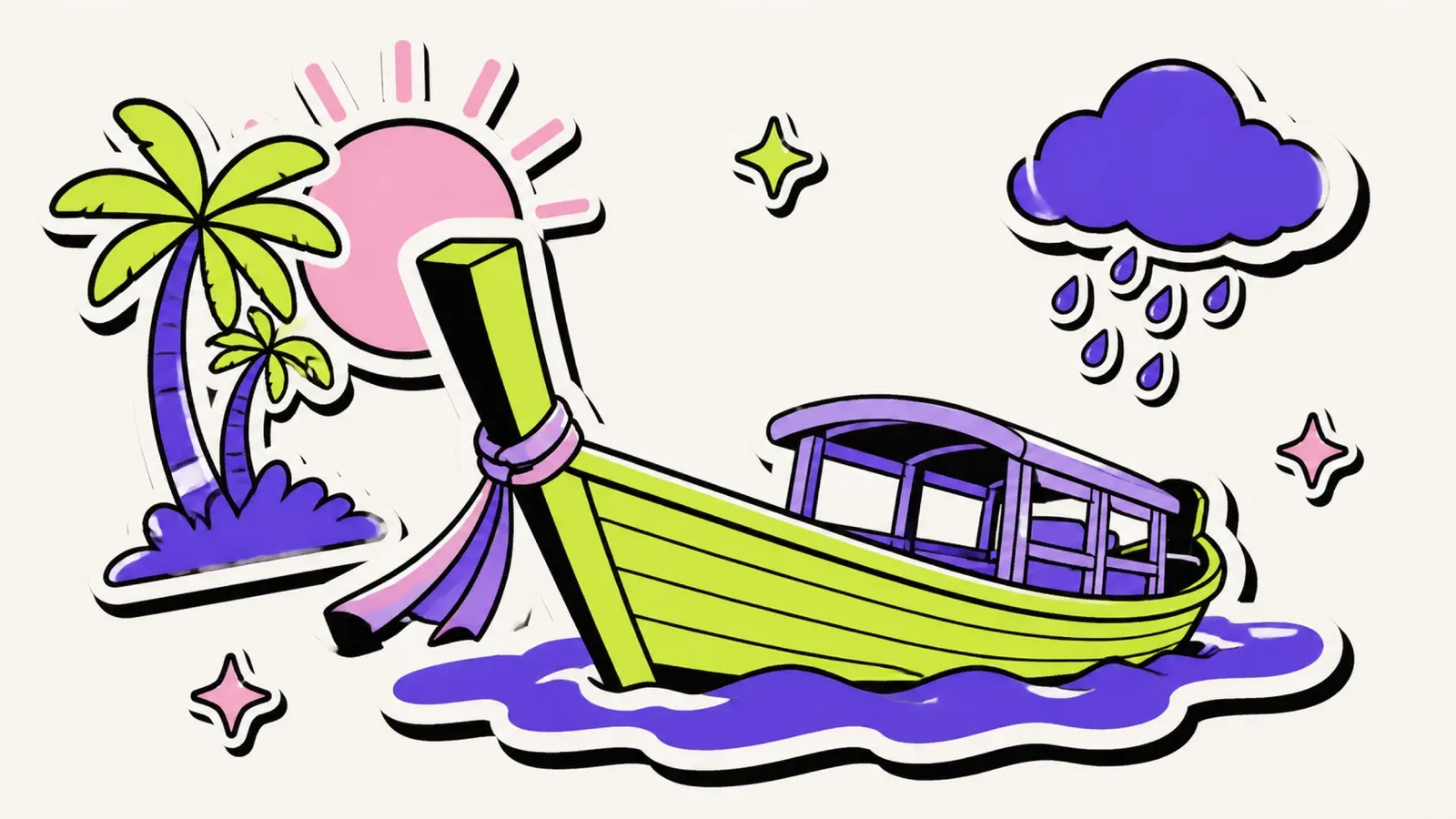 Beste Reisezeit Thailand: Illustration mit Strand, Longtail-Boot, Sonne und Regenwolke