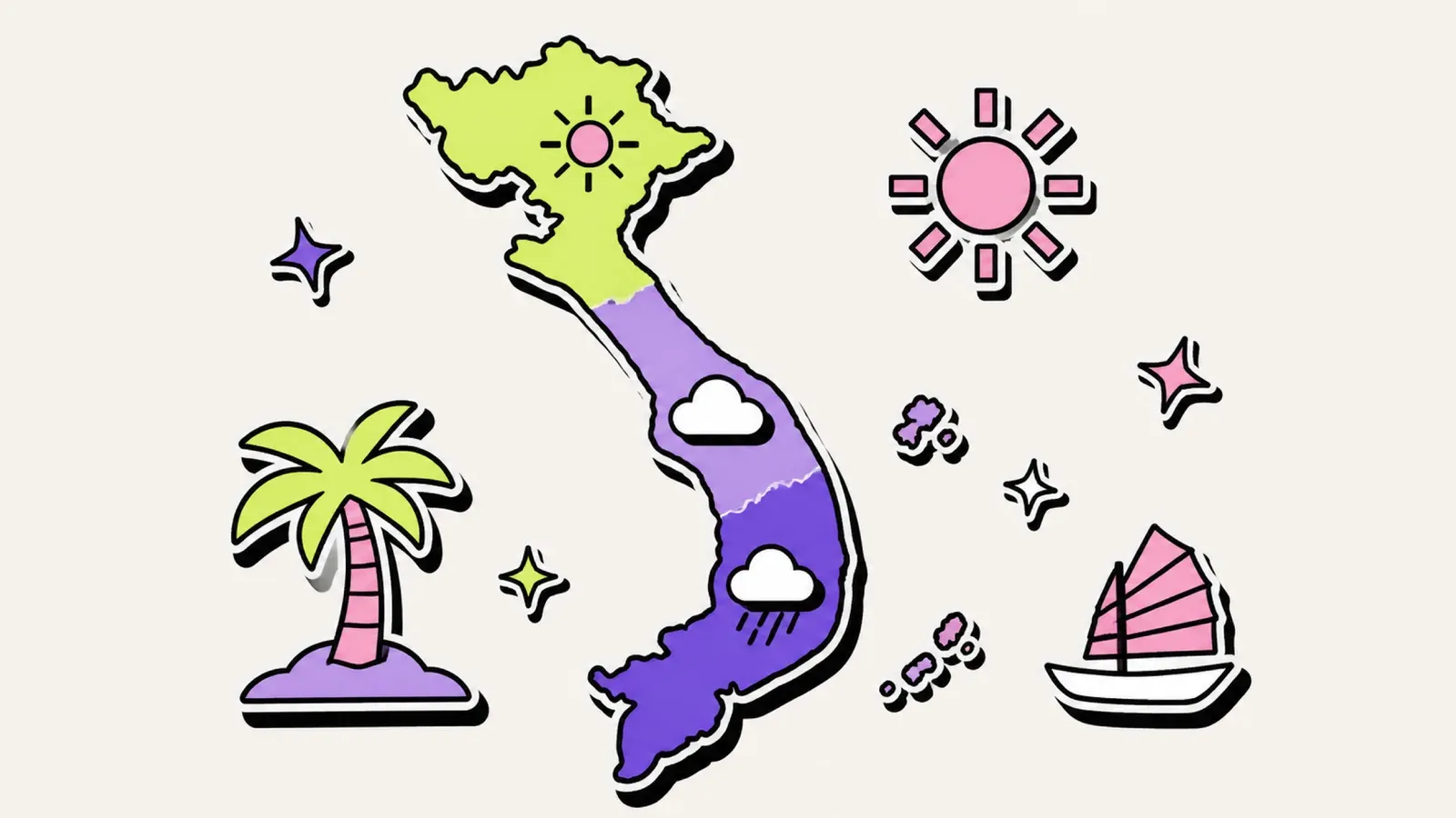 Beste Reisezeit Vietnam: illustrierte Landkarte mit drei Klimazonen aus Sonne, Wolke und Regen