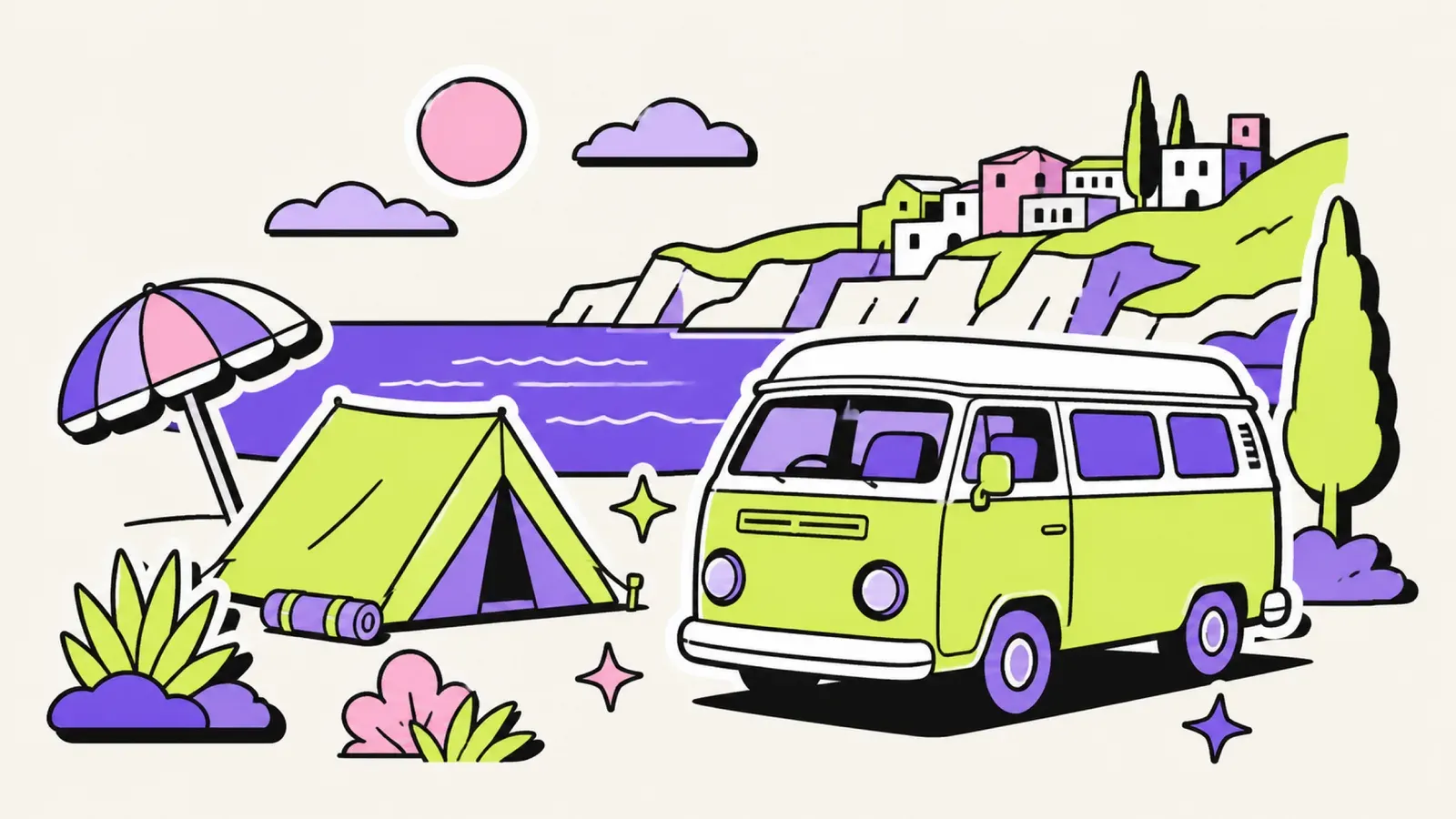 Camping in Italien am Meer: Illustration mit Zelt, Campervan und Sonnenschirm an der Küste