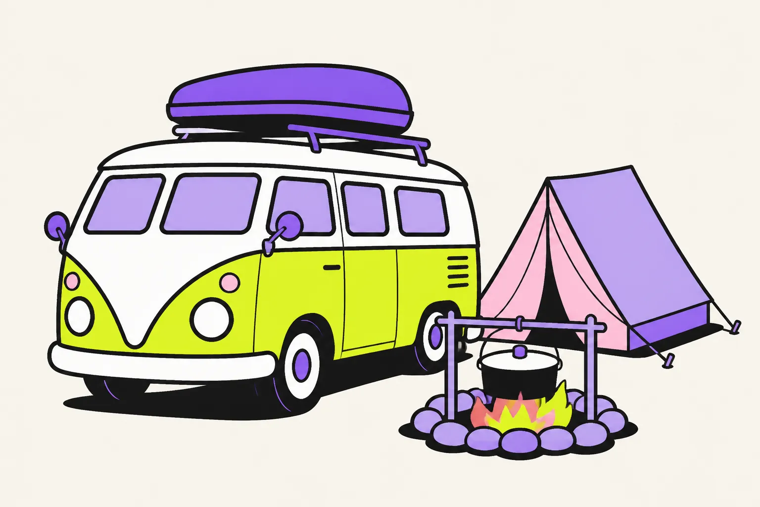 Illustration: Campervan mit Zelt und Lagerfeuer