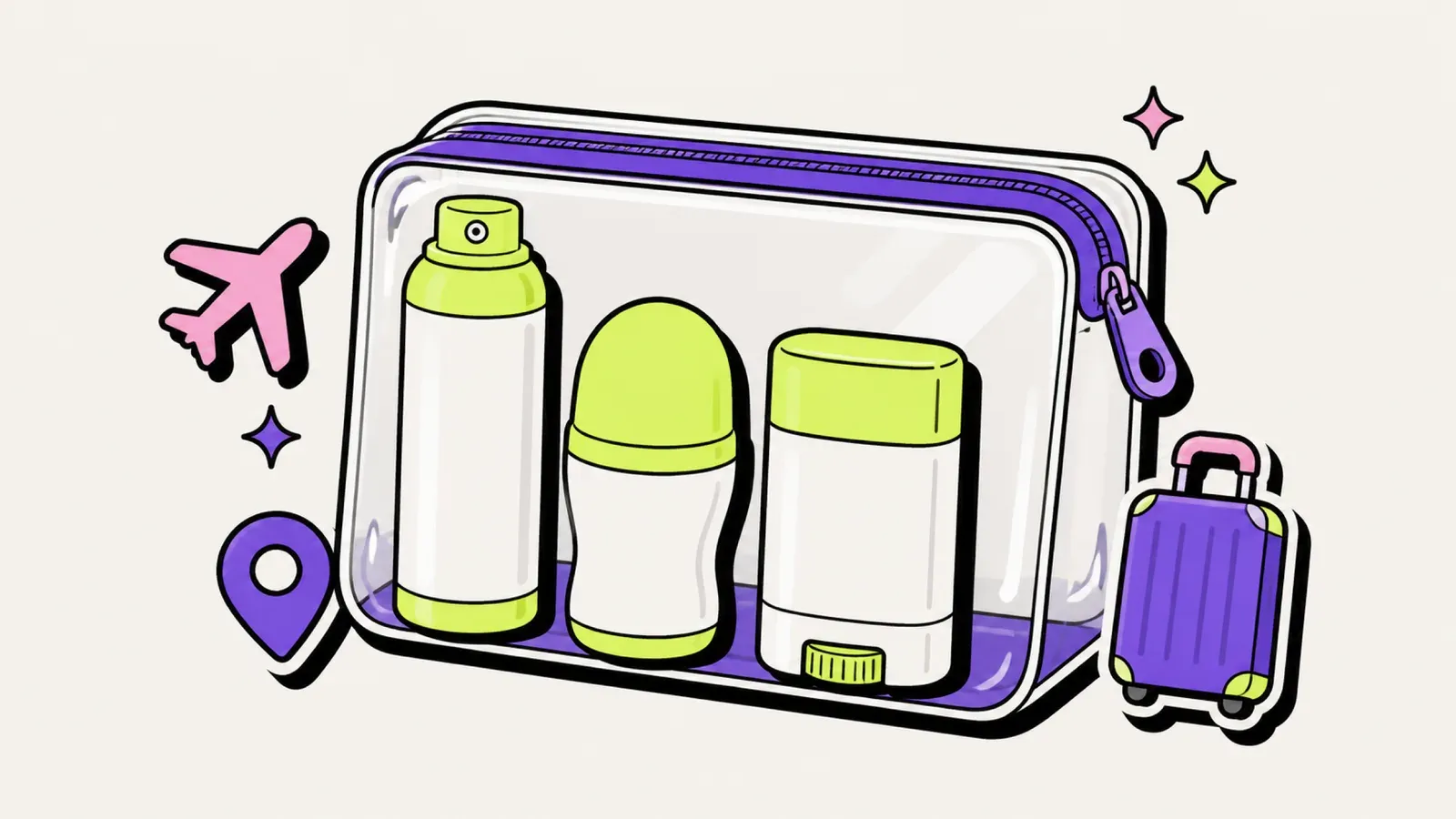 Deo im Handgepäck: Illustration mit Deo-Spray, Roll-on, Stick und transparentem 1-Liter-Beutel