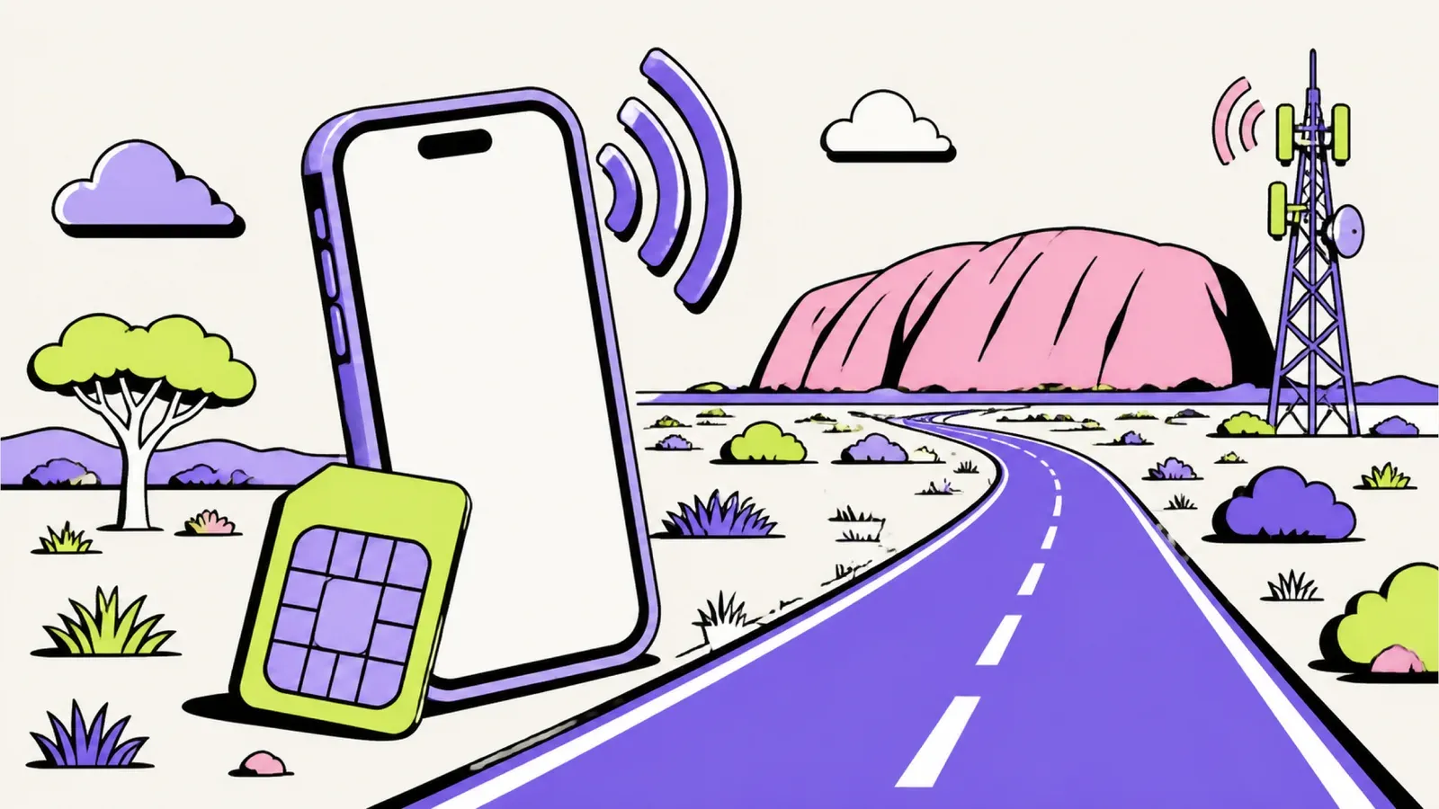 eSIM Australien: Illustration mit Smartphone, Outback-Straße, Uluru und Funkmast