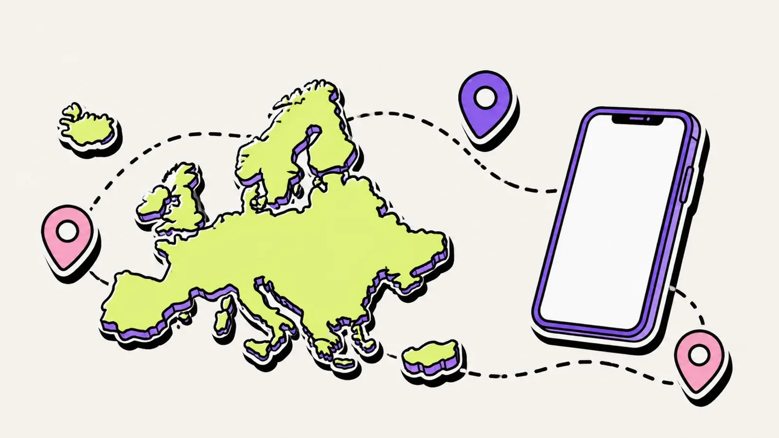 eSIM Europa: Illustration eines Smartphones mit Funkwellen über dem Umriss Europas