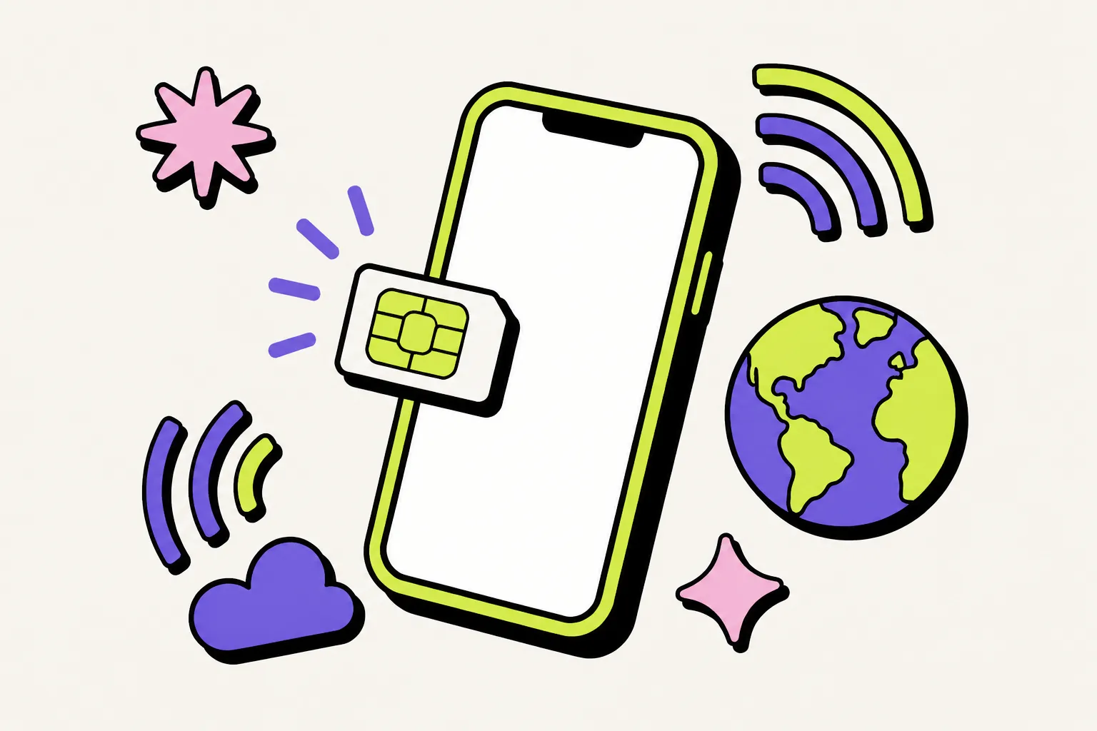 Illustration: Smartphone mit eSIM-Chip, Funkwellen und Globus