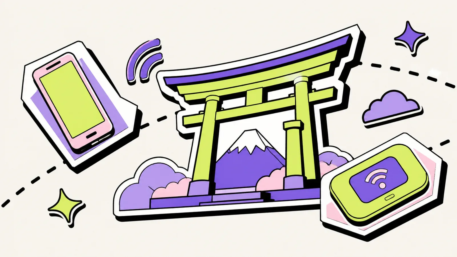 eSIM Japan: Illustration mit Smartphone, Pocket-WiFi-Router und Torii-Tor