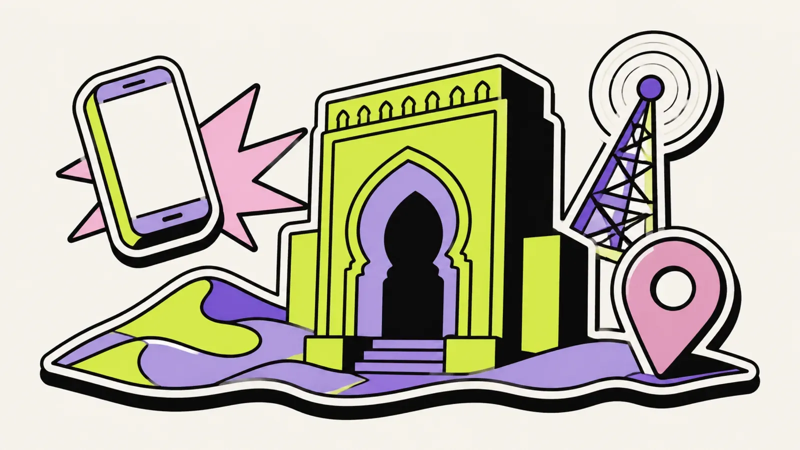 eSIM Marokko: Illustration mit Smartphone, Medina-Silhouette, Wüste und Funkmast