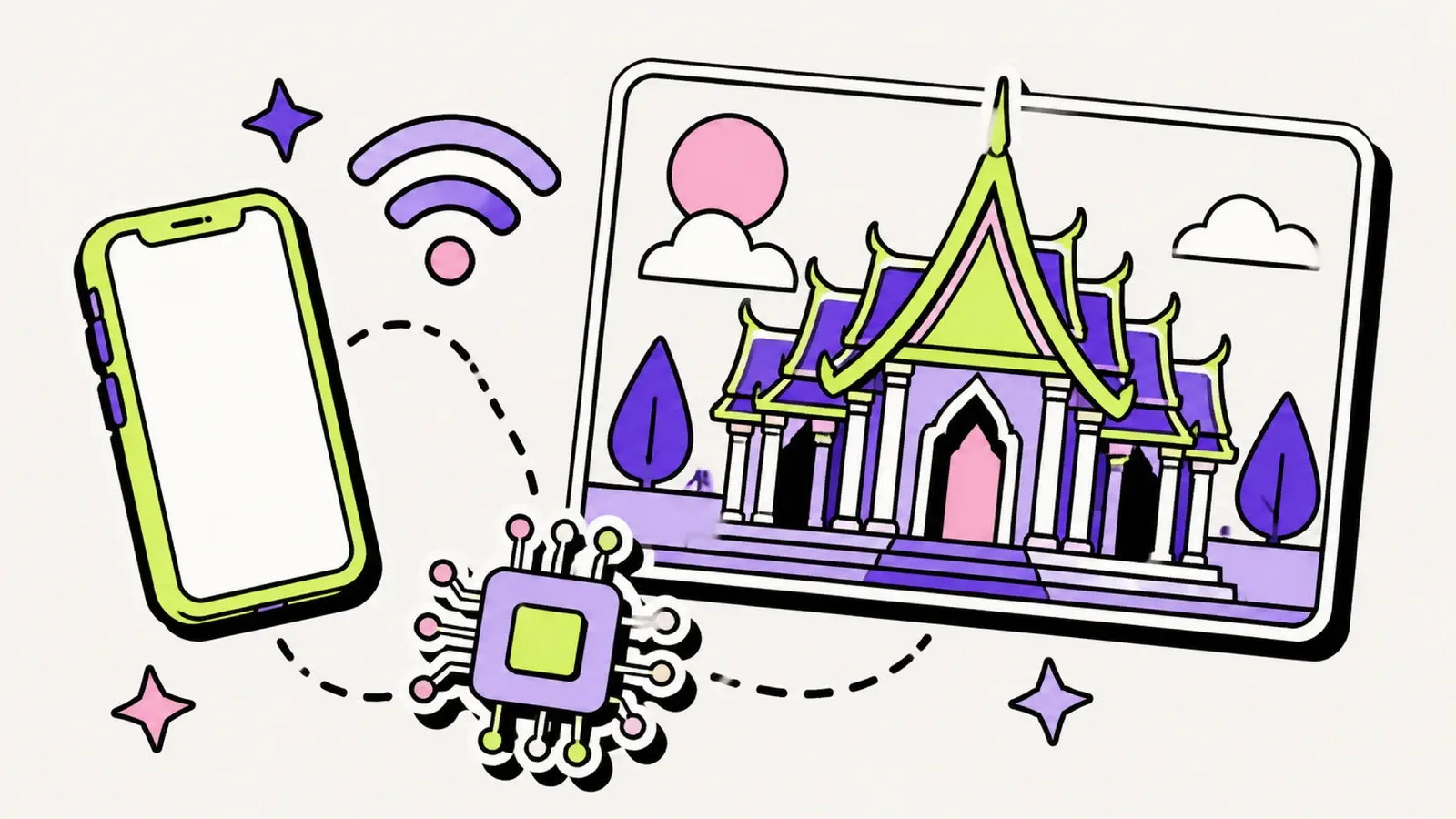 eSIM Thailand: Illustration mit Smartphone, SIM-Karte und Tempel-Silhouette