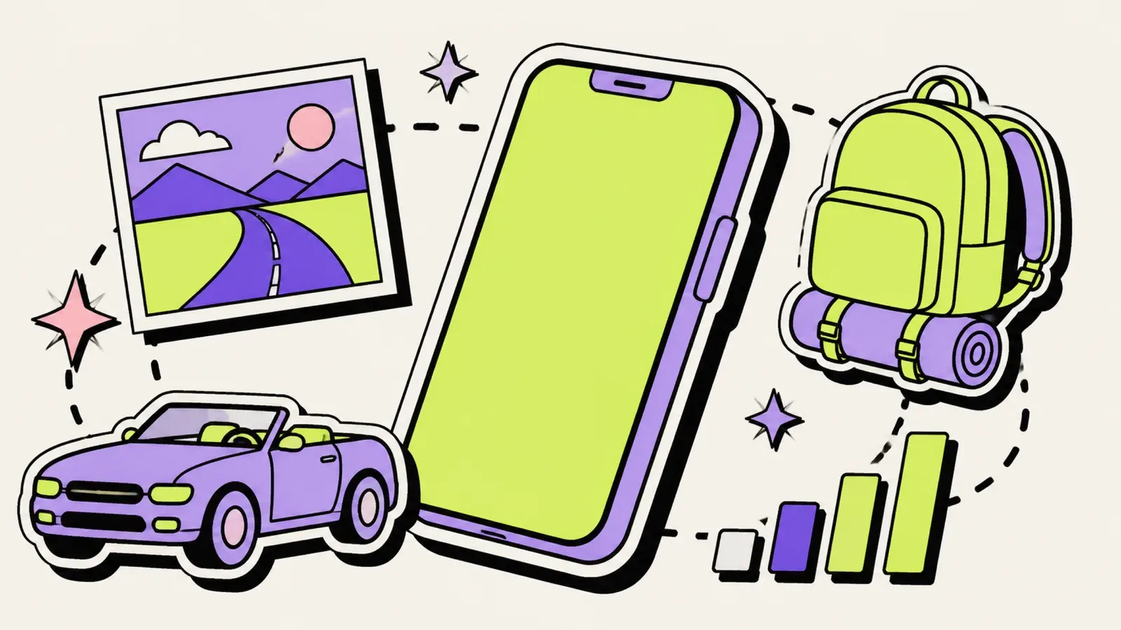 eSIM USA: Illustration mit Smartphone, Highway und Auto auf dem Roadtrip