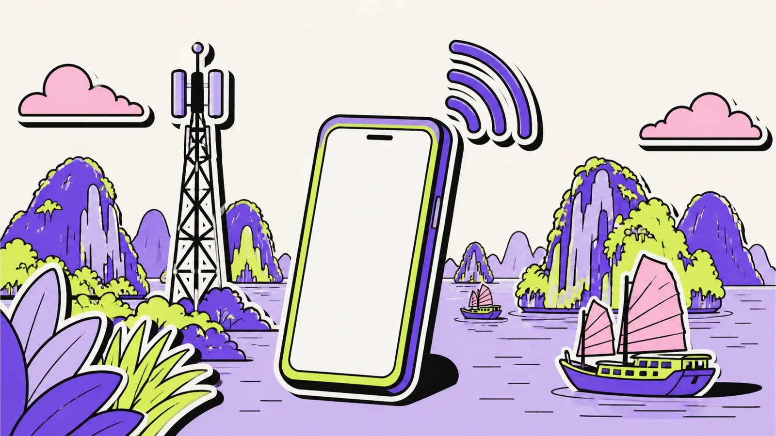 eSIM Vietnam: Illustration mit Smartphone, Halong-Bucht-Felsen und Funkmast