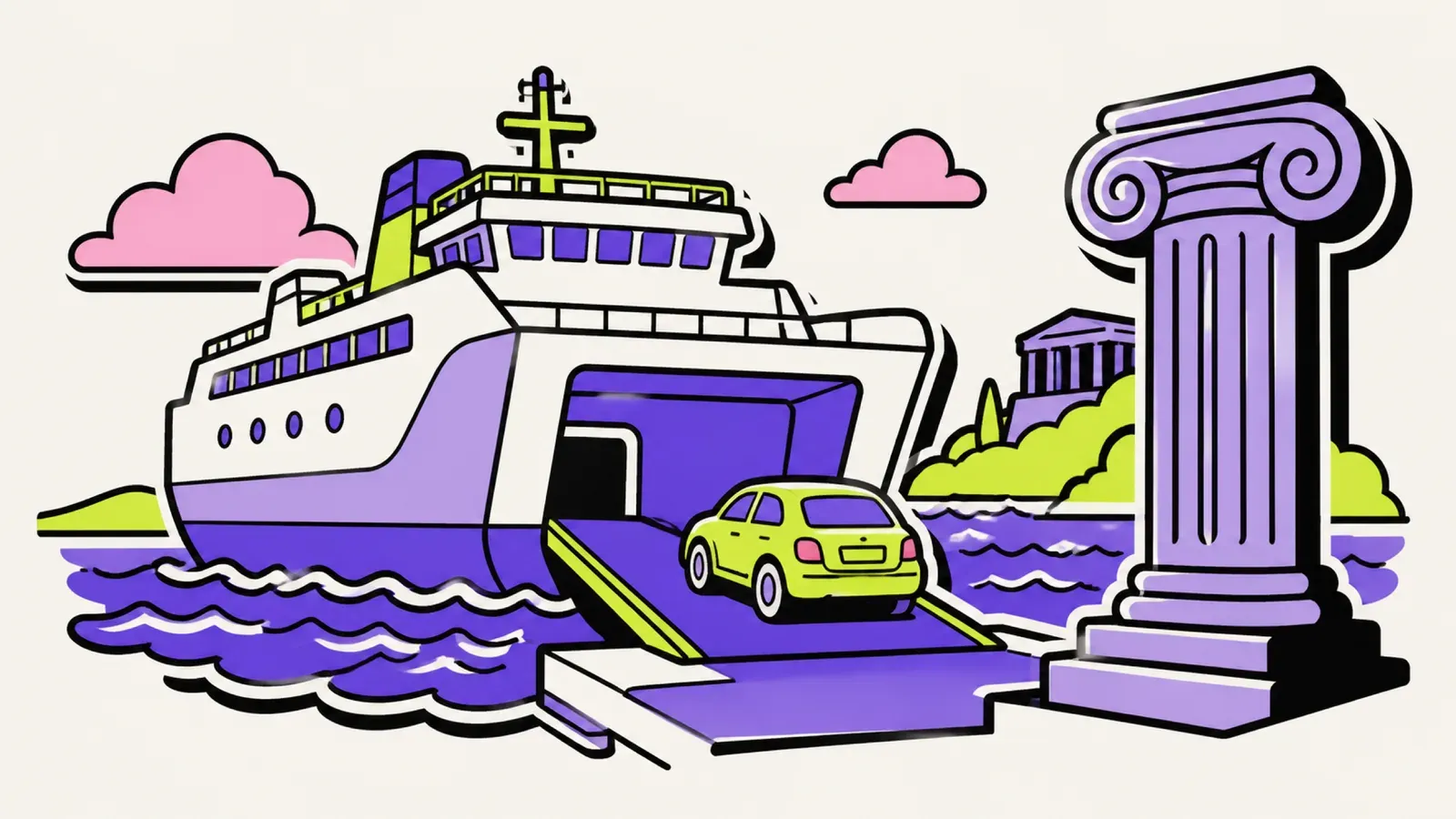 Fähre Italien Griechenland: Illustration einer Autofähre auf dem Meer mit griechischer Säule