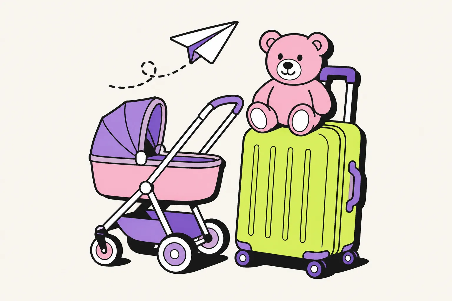 Illustration: Kinderwagen neben Familienkoffer mit Teddybär