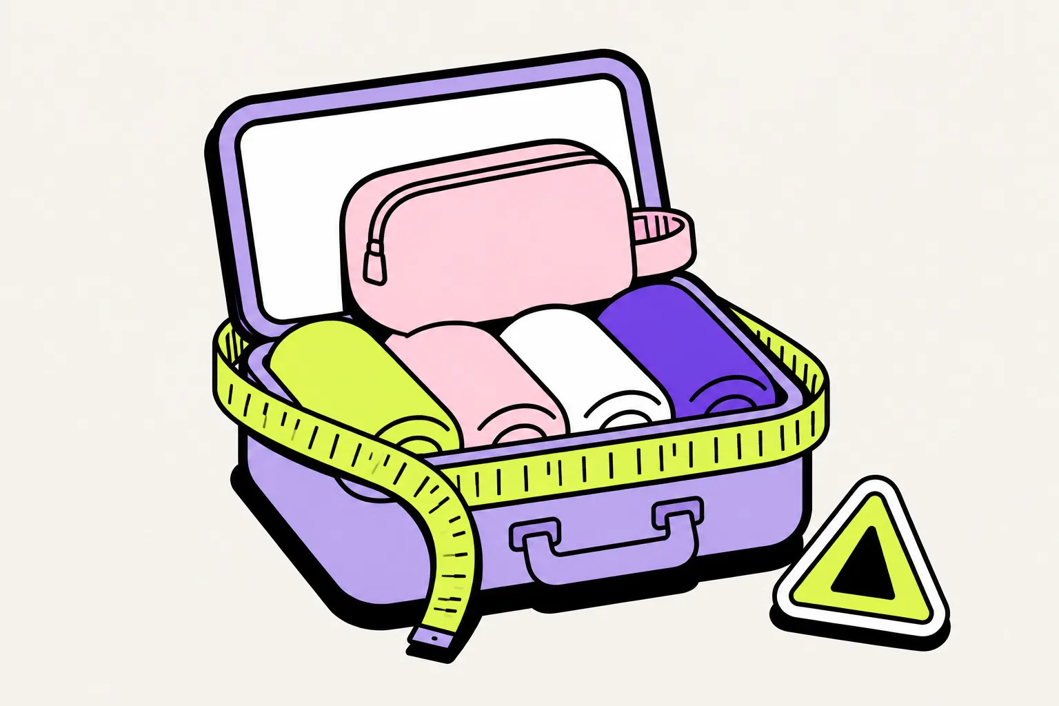 Illustration: offener Koffer mit gerollter Kleidung und Maßband