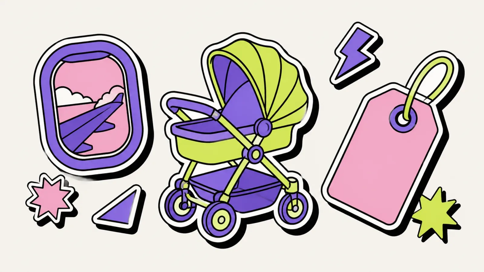 Kinderwagen im Flugzeug: Illustration mit Kinderwagen, Gepäckanhänger und Flugzeug am Gate