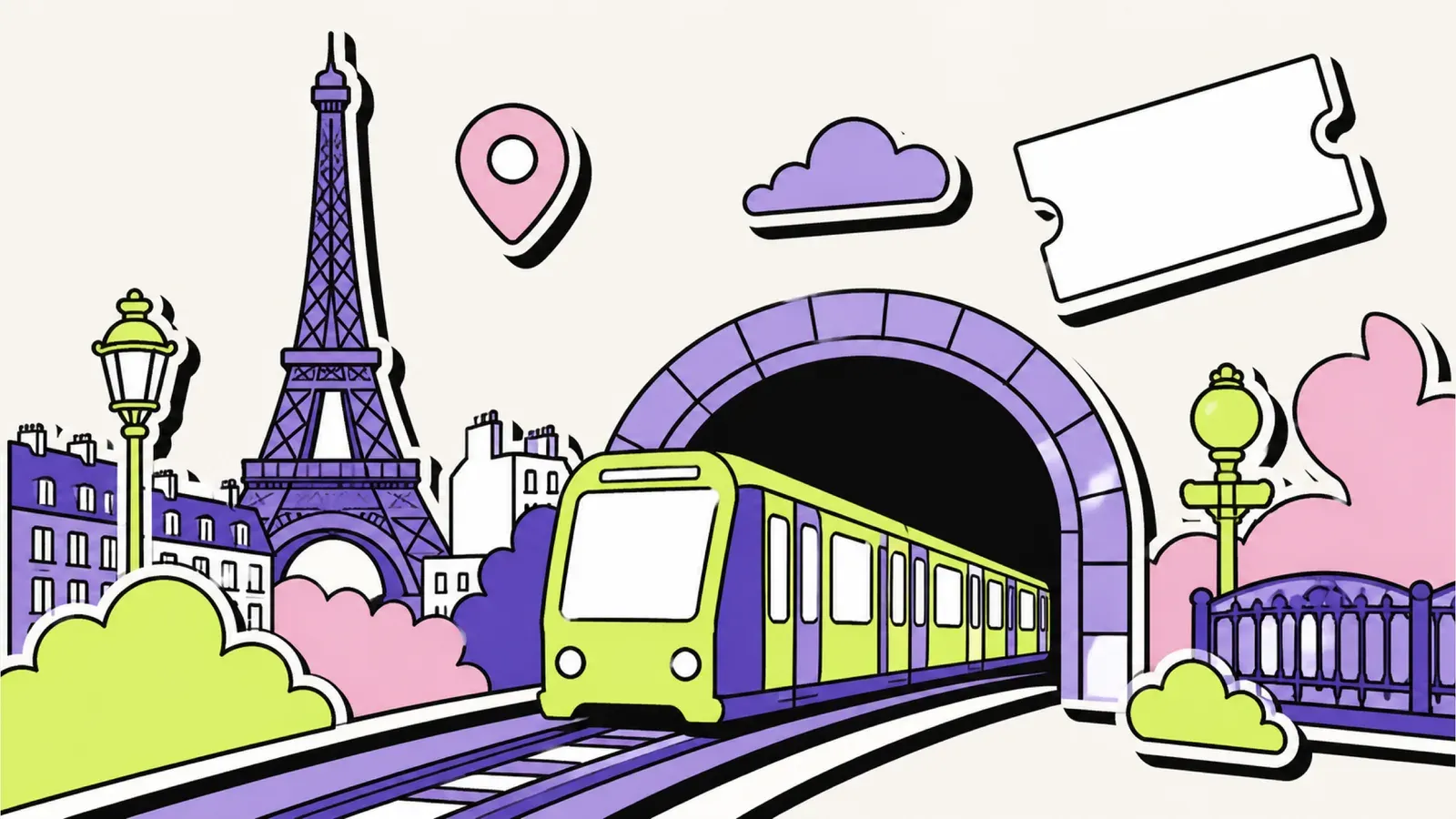 Metro Paris Tickets: Illustration mit Metro-Zug, Eiffelturm und Fahrkarte
