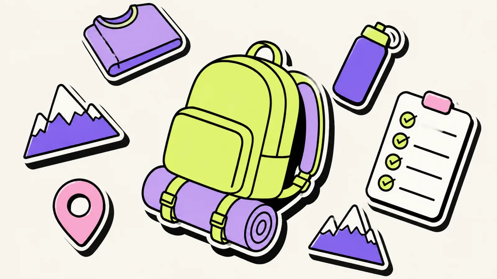 Packliste Backpacking: Illustration eines offenen Rucksacks mit Kleidung und Checkliste