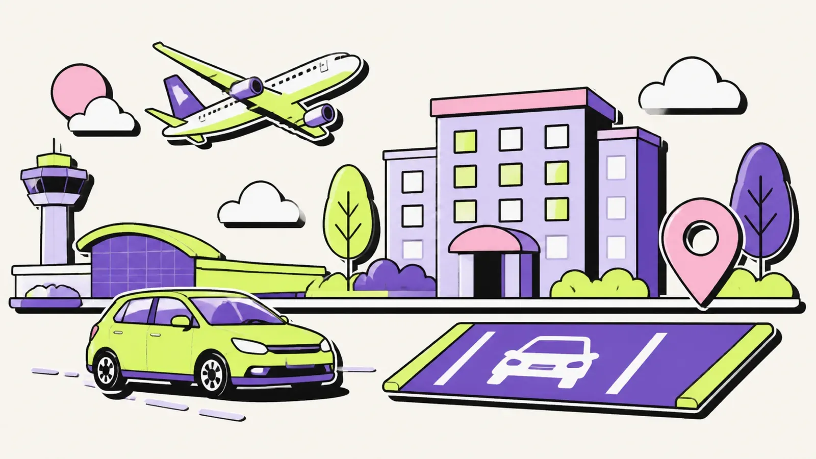 Park Sleep Fly Frankfurt: Illustration mit Auto vor Hotel und startendem Flugzeug