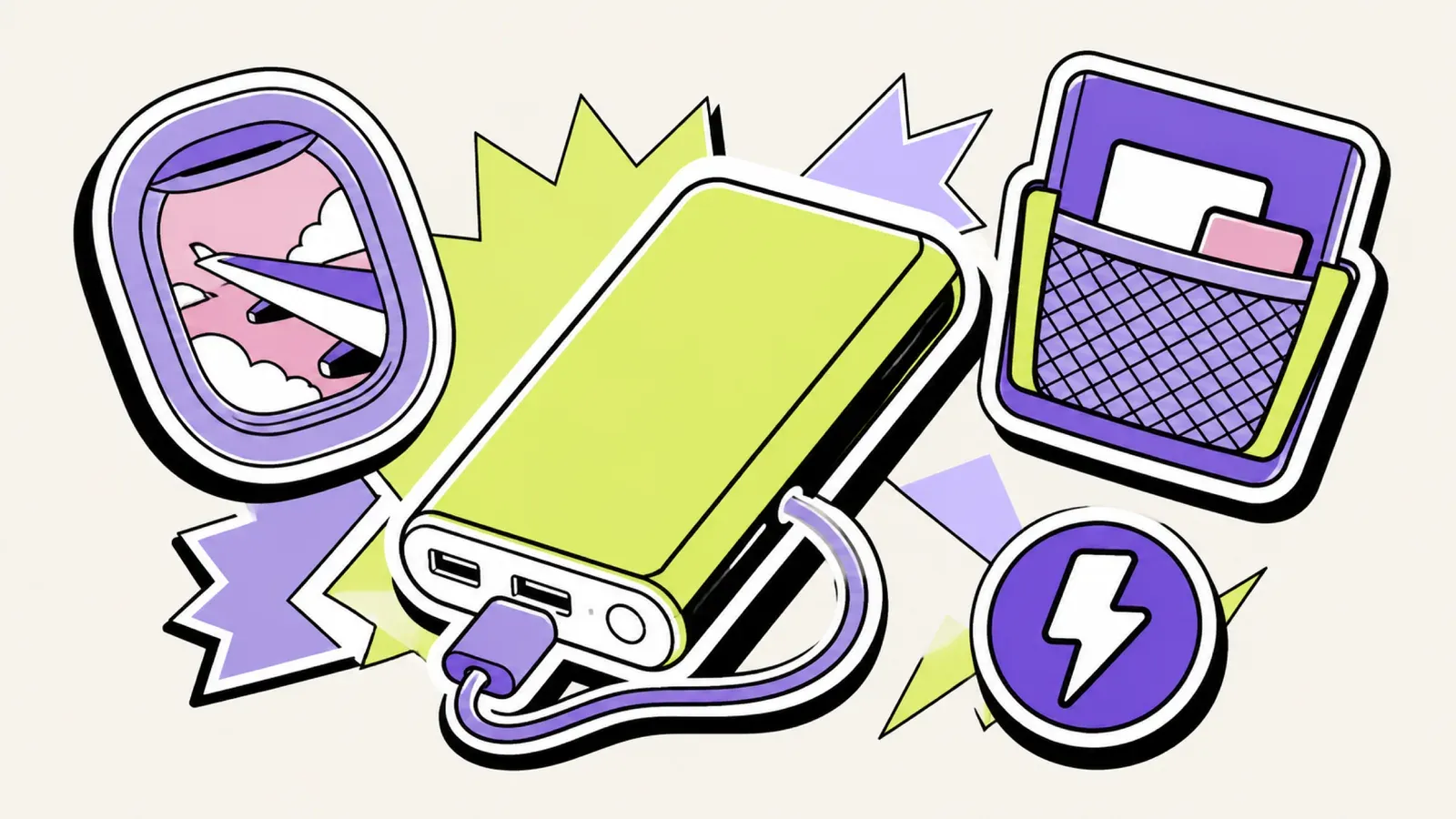 Powerbank im Flugzeug: Illustration einer Powerbank mit Blitz-Symbol in der Sitztasche