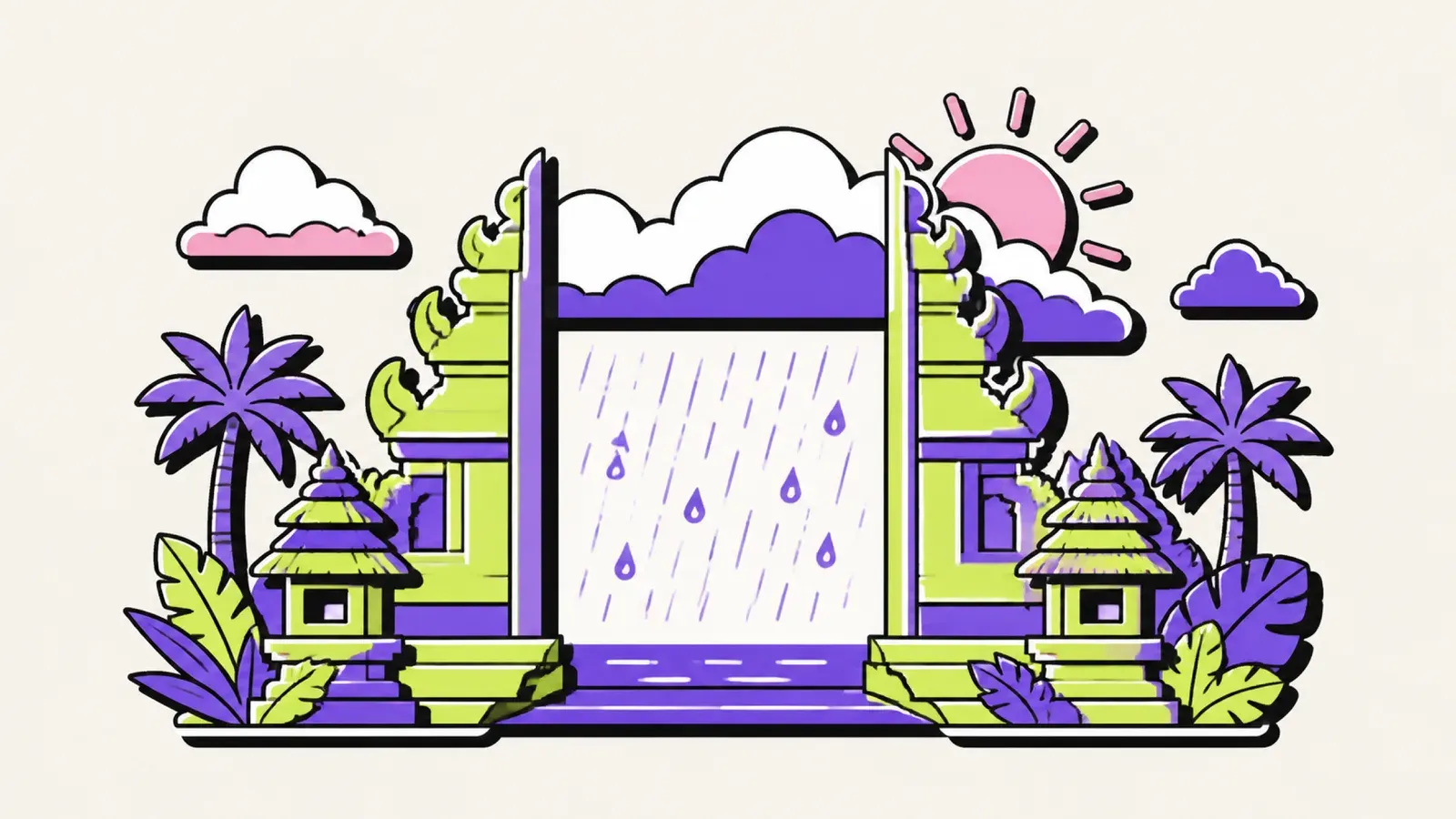 Regenzeit Bali: Illustration eines Tempels mit großen Regentropfen und Sonne dahinter