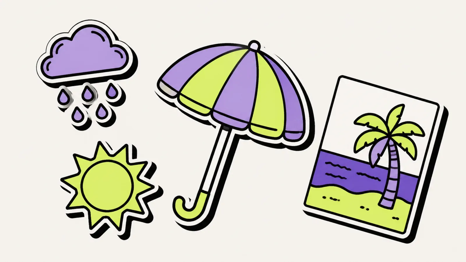 Regenzeit Thailand: Illustration eines Strands mit Regenwolke, Sonne und Regenschirm