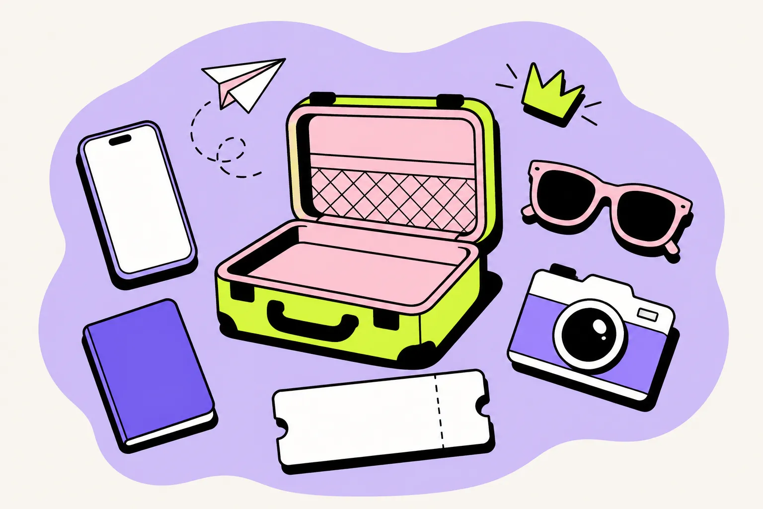 Illustration: offener Koffer mit Smartphone, Reisepass, Sonnenbrille, Kamera und Ticket