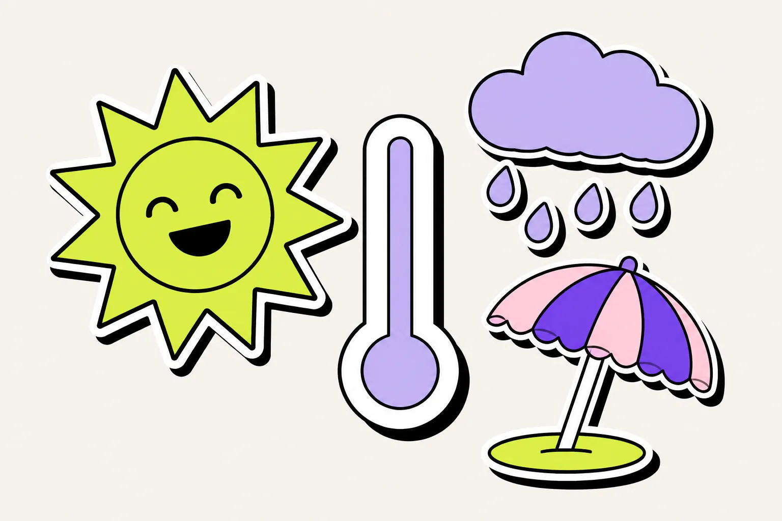 Illustration: lachende Sonne, Thermometer, Regenwolke und Sonnenschirm