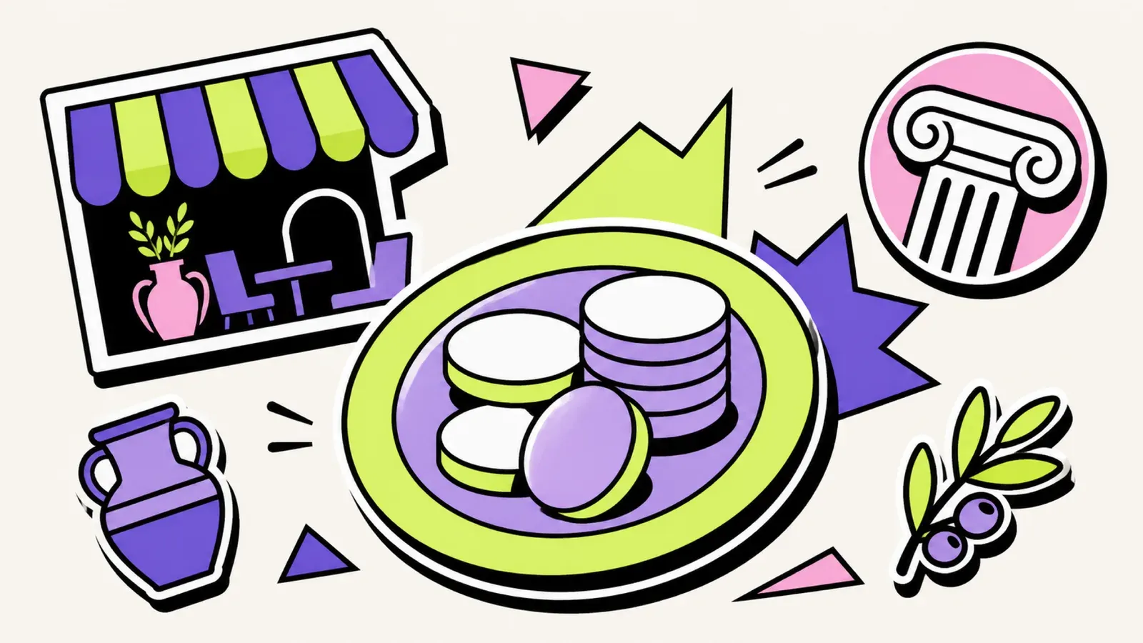 Trinkgeld in Griechenland: Illustration mit Münzen auf einem Teller vor Taverne und Säule