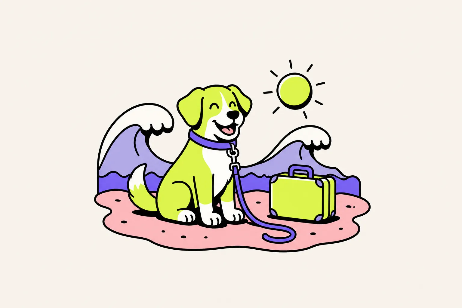Illustration: Hund mit Leine neben Koffer am Strand