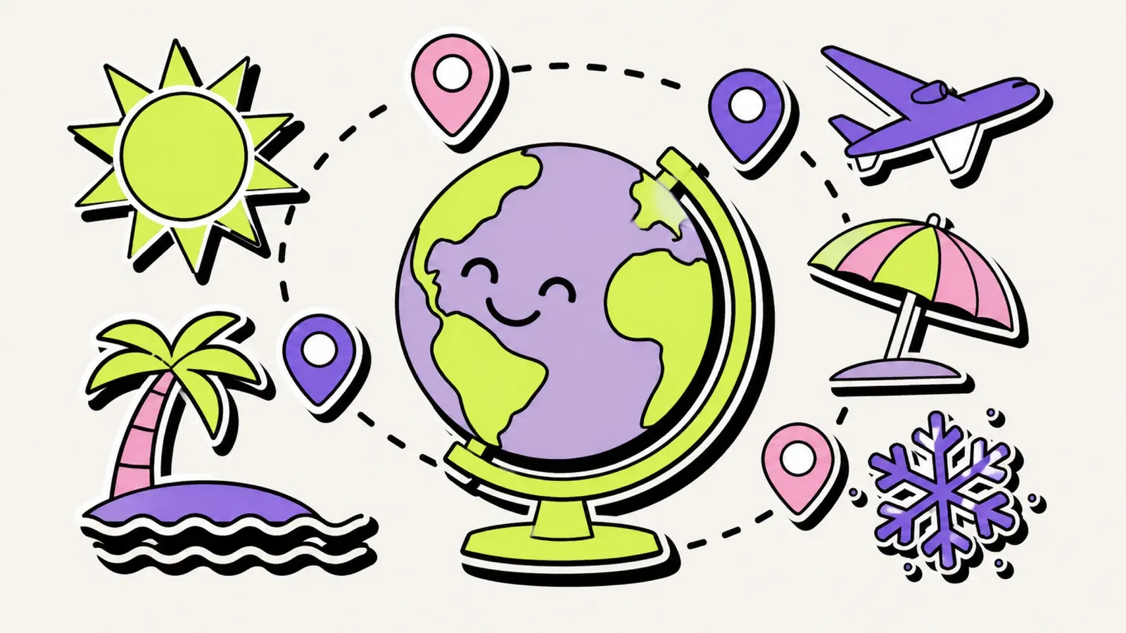 Warm im Dezember: Illustration eines Globus mit Sonne und Reisezielen als Kartenpins