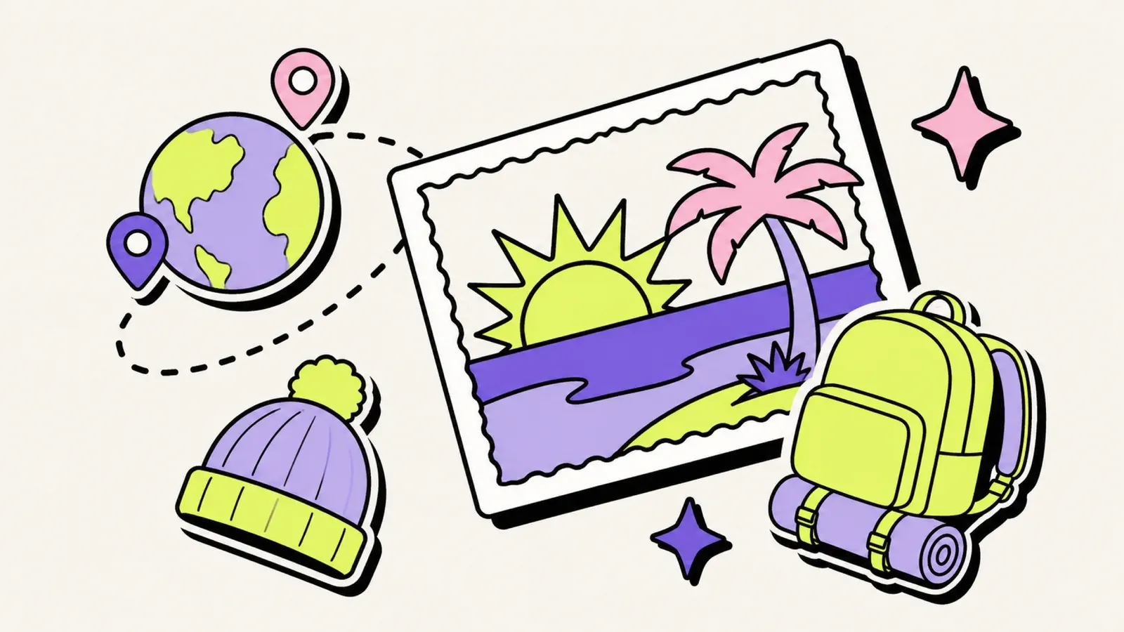 Warm im Februar: Illustration eines Globus mit Sonne und Reisezielen als Kartenpins