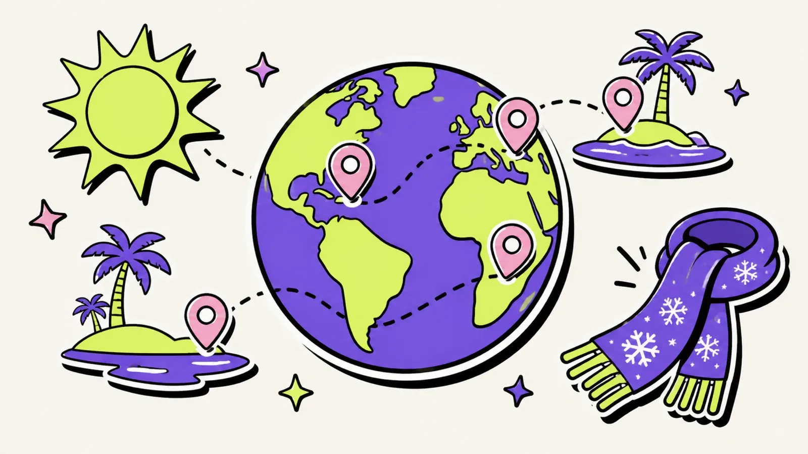 Warm im Januar: Illustration eines Globus mit Sonne und Reisezielen als Kartenpins