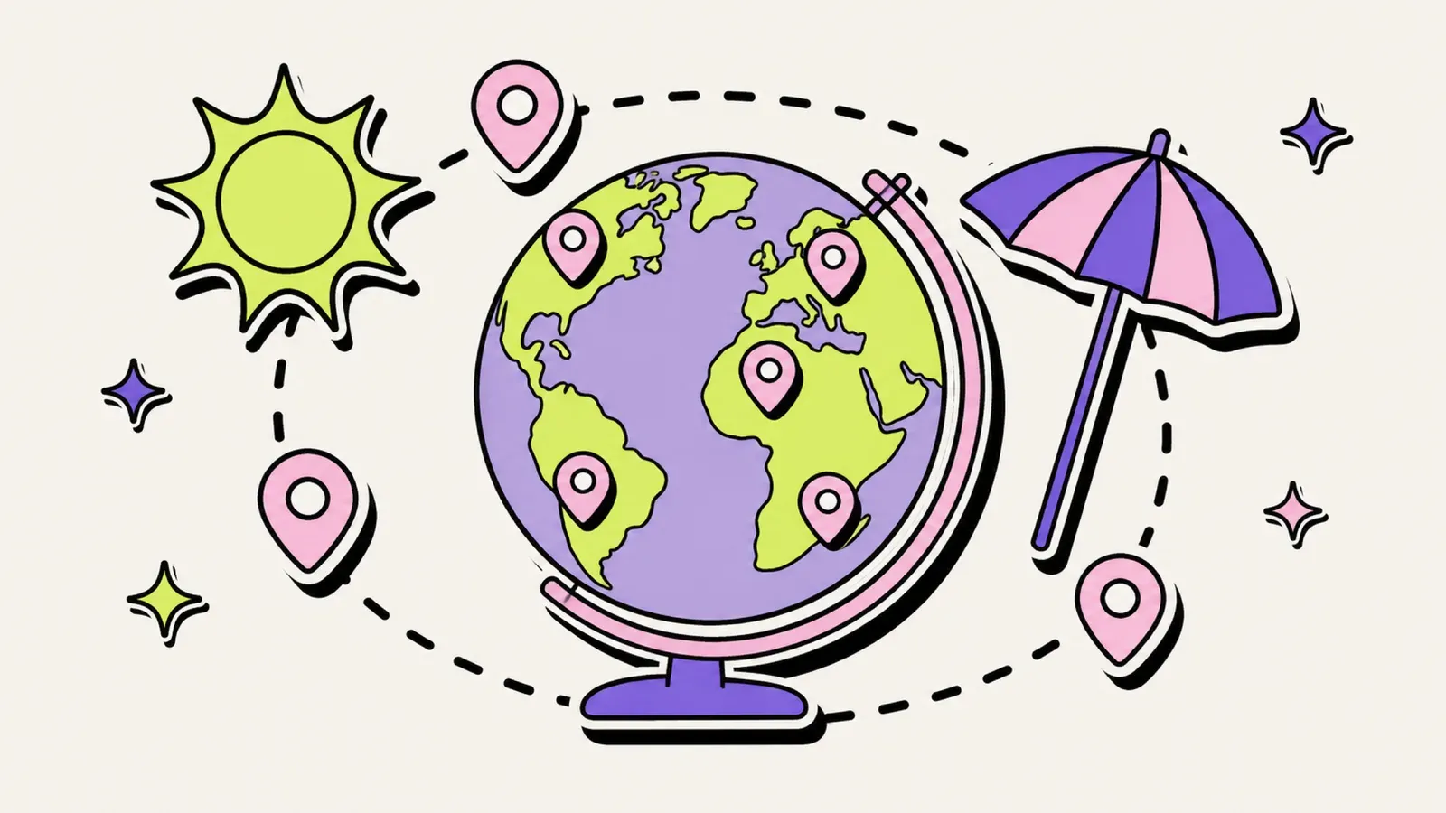 Warm im März: Illustration eines Globus mit Sonne und Reisezielen als Kartenpins