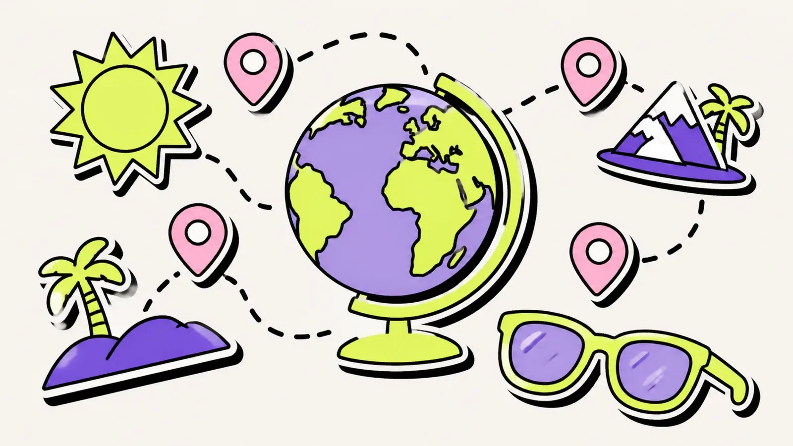Warm im Mai: Illustration eines Globus mit Sonne und Reisezielen als Kartenpins