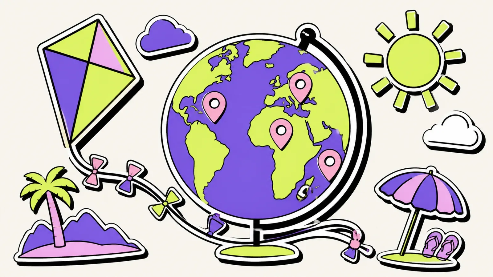 Warm im Oktober: Illustration eines Globus mit Sonne und Reisezielen als Kartenpins