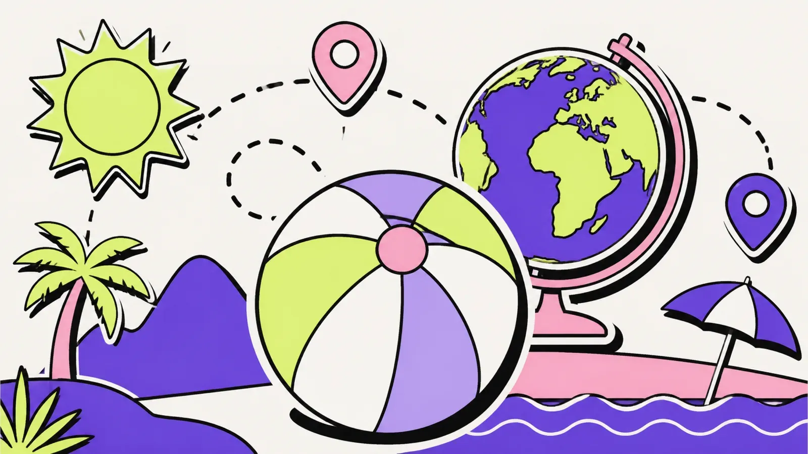 Warm im September: Illustration eines Globus mit Sonne und Reisezielen als Kartenpins