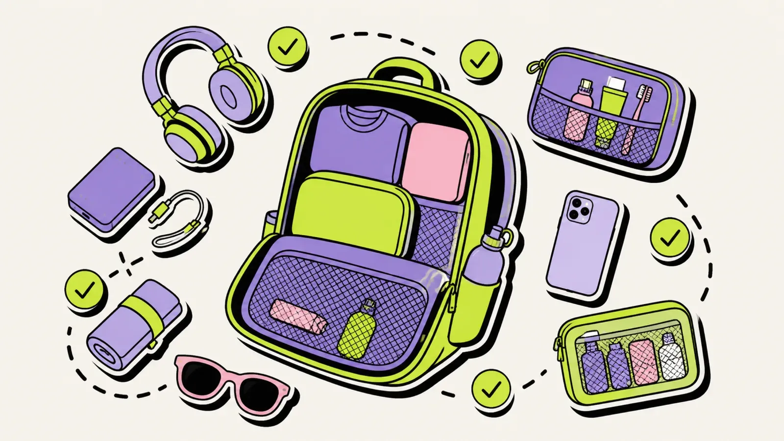 Was darf ins Handgepäck: Illustration einer offenen Tasche mit Gegenständen und Ampel-Punkten
