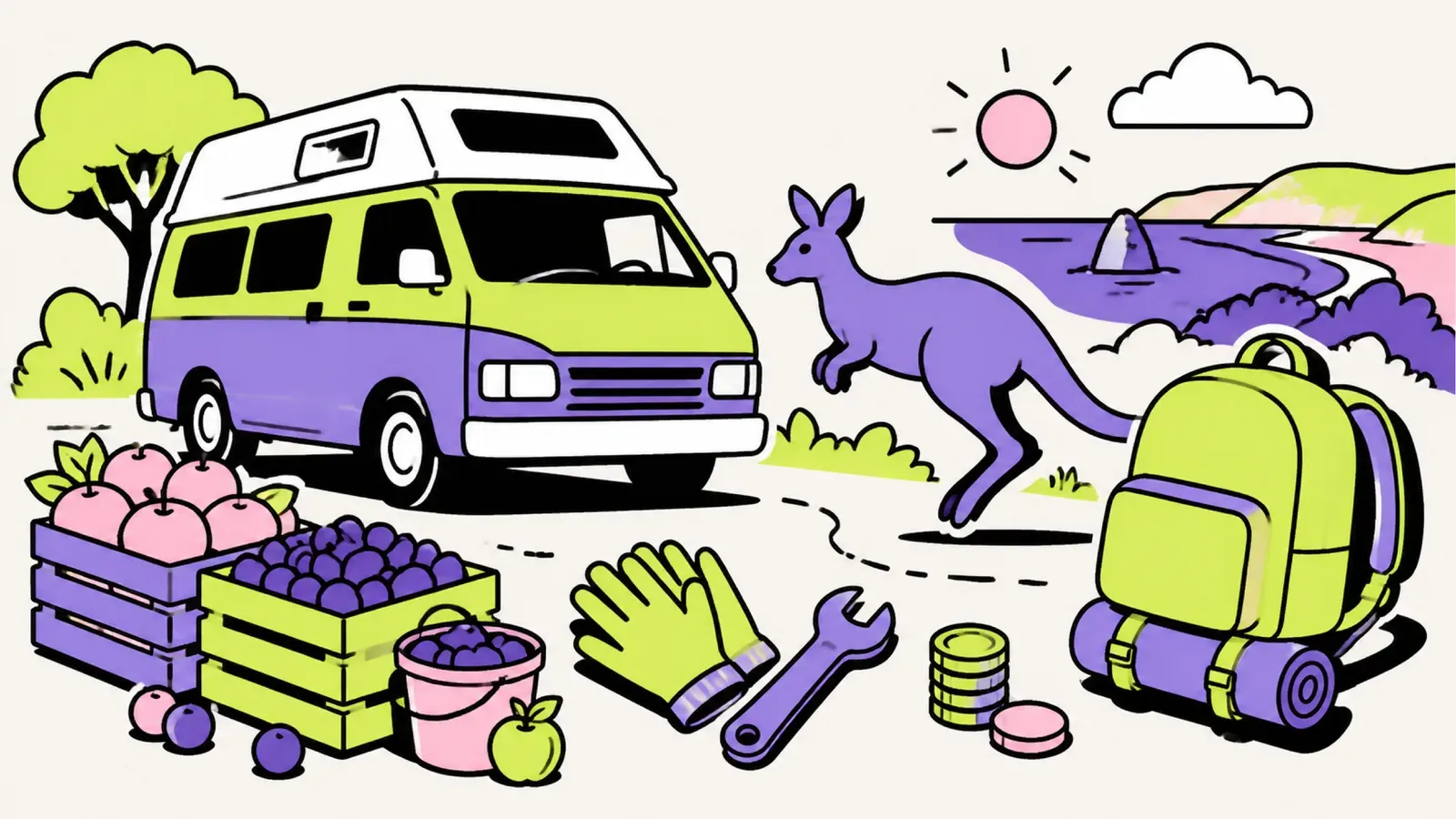 Work and Travel Australien: Illustration mit Campervan, Känguru, Surfbrett und Rucksack